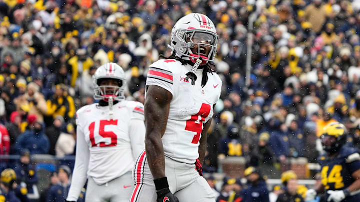 Ohio State receiver Jeremiah Smith celebrates a touchdown against Michigan on Nov. 29.