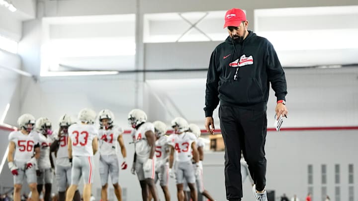 Ohio State Buckeyes head coach Ryan Day walks behind the huddle during Student Appreciation Day spring practice at the Woody Hayes Athletic Center on April 4, 2026.