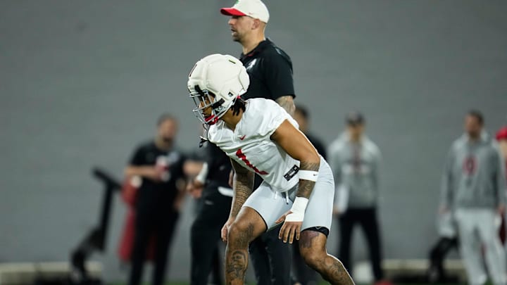 Ohio State Buckeyes cornerback Earl Little Jr. (1) lines up during the first day of spring workouts for the 2026 football season at Woody Hayes Athletic Complex in Columbus on March 10, 2026.