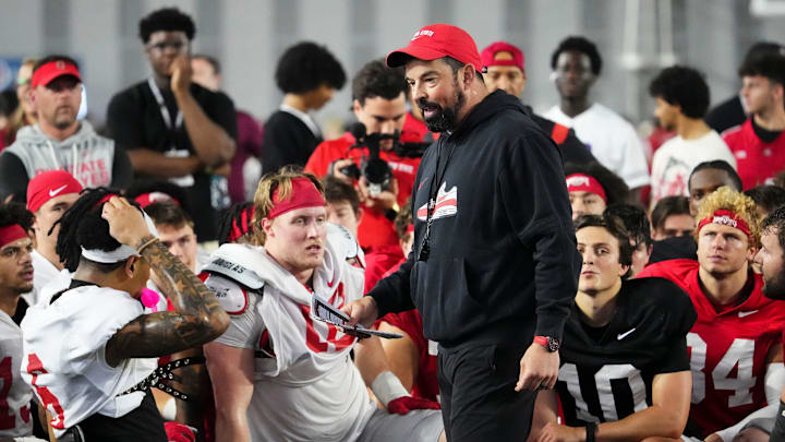 Ohio State Buckeyes head coach Ryan Day addresses his team during Student Appreciation Day spring practice at the Woody Hayes Athletic Center on April 4, 2026.