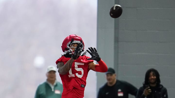 Ohio State Buckeyes wide receiver Chris Henry Jr. (15) catches a pass during the first day of spring workouts for the 2026 football season at Woody Hayes Athletic Complex in Columbus on March 10, 2026.