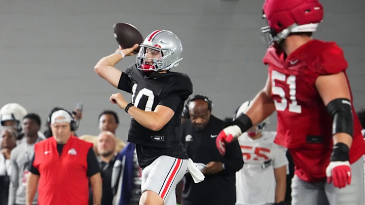 Ohio State Buckeyes quarterback Julian Sayin (10) throws during Student Appreciation Day spring practice at the Woody Hayes Athletic Center on April 4, 2026.