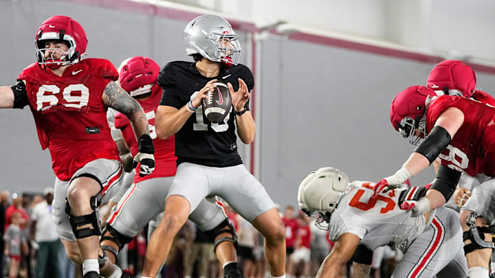 Ohio State Buckeyes quarterback Julian Sayin (10) drops back to pass during Student Appreciation Day spring practice at the Woody Hayes Athletic Center on April 4, 2026.