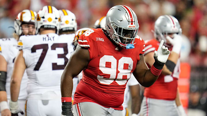 Ohio State Buckeyes defensive lineman Kayden McDonald (98) celebrates during the second half of the NCAA football game at Ohio Stadium in Columbus on Oct. 4, 2025. Ohio State won 42-3.