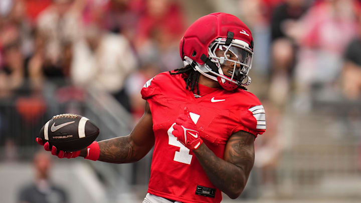 Wide receiver Jeremiah Smith (4) scores a touchdown during the Ohio State football spring game at Ohio Stadium in Columbus on April 18, 2026.