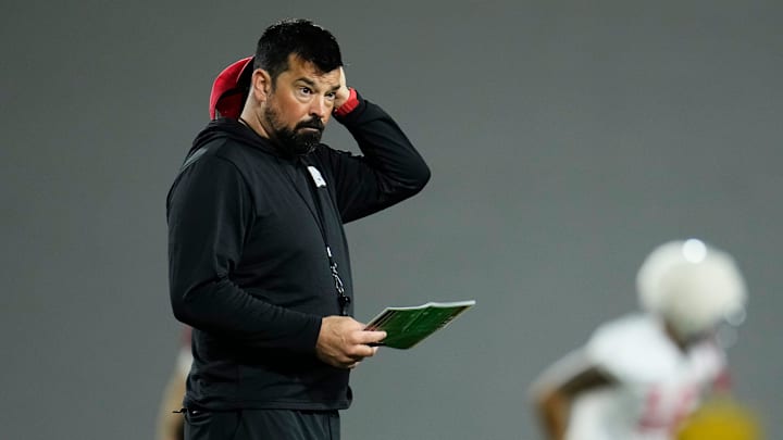 Ohio State Buckeyes head coach Ryan Day watches during the first day of spring workouts for the 2026 football season at Woody Hayes Athletic Complex in Columbus on March 10, 2026.