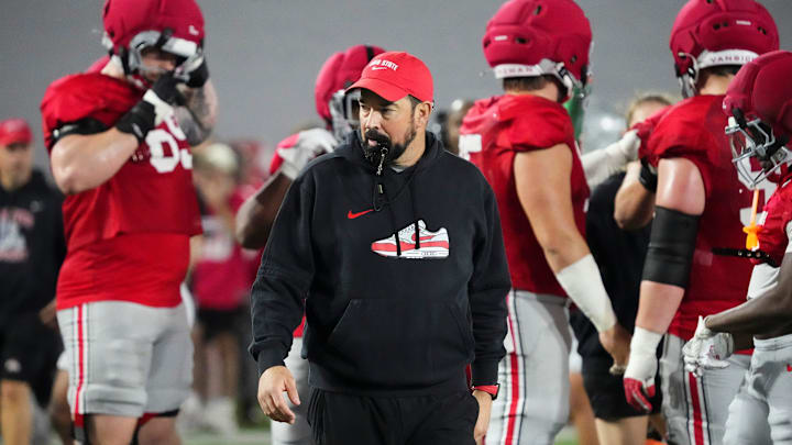 Ohio State Buckeyes head coach Ryan Day watches during Student Appreciation Day spring practice at the Woody Hayes Athletic Center on April 4, 2026.