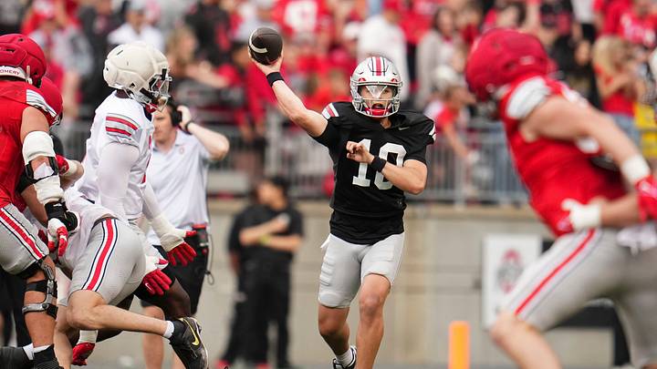 Quarterback Julian Sayin (10) throws during the Ohio State football spring game at Ohio Stadium in Columbus on April 18, 2026.