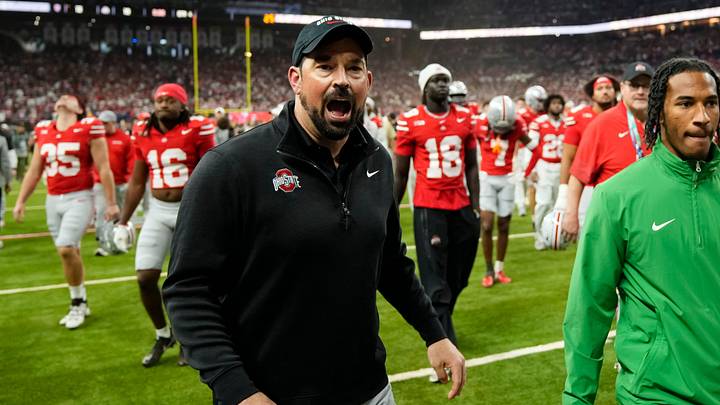 Ohio State Buckeyes head coach Ryan Day yells for his players to stop while leaving the field following the Big Ten Conference championship game against the Indiana Hoosiers at Lucas Oil Stadium in Indianapolis on Dec. 6, 2025. Ohio State lost 13-10.