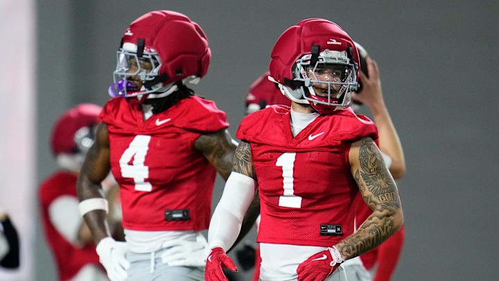 Ohio State Buckeyes wide receivers Brandon Inniss (1) and Jeremiah Smith (4) line up during the first day of spring workouts for the 2026 football season at Woody Hayes Athletic Complex in Columbus on March 10, 2026.