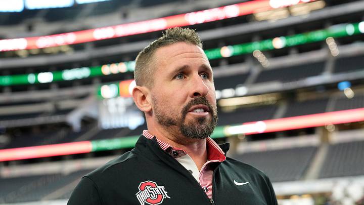 Ohio State Buckeyes offensive coordinator Brian Hartline speaks during the Cotton Bowl Media Day at AT&T Stadium in Dallas prior to the College Football Playoff matchup against the Miami Hurricanes on Dec. 29, 2025.