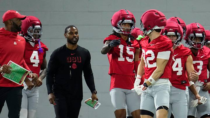 Ohio State Buckeyes wide receivers coach Cortez Hankton works with players during the first day of spring workouts for the 2026 football season at Woody Hayes Athletic Complex in Columbus on March 10, 2026. Ohio State Buckeyes wide receivers coach Cortez Hankton works with players during the first day of spring workouts for the 2026 football season at Woody Hayes Athletic Complex in Columbus on March 10, 2026.