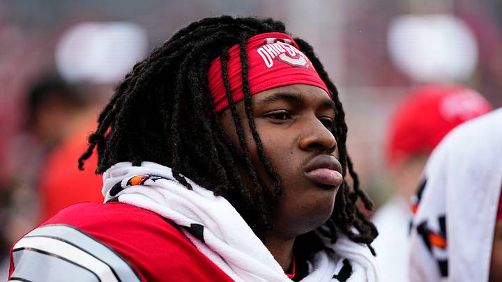 Wide receiver Jeremiah Smith (4) watches during the Ohio State football spring game at Ohio Stadium in Columbus on April 18, 2026.