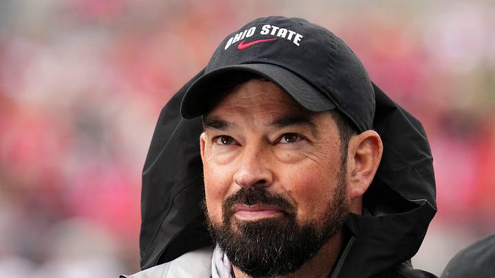 Ohio State Buckeyes head coach Ryan Day prepares for a tv interview during the Ohio State football spring game at Ohio Stadium in Columbus on April 18, 2026.