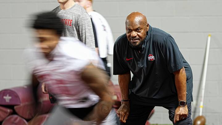 Ohio State Buckeyes defensive line coach Larry Johnson works with players during spring football practice at the Woody Hayes Athletic Center in Columbus on March 19, 2025.