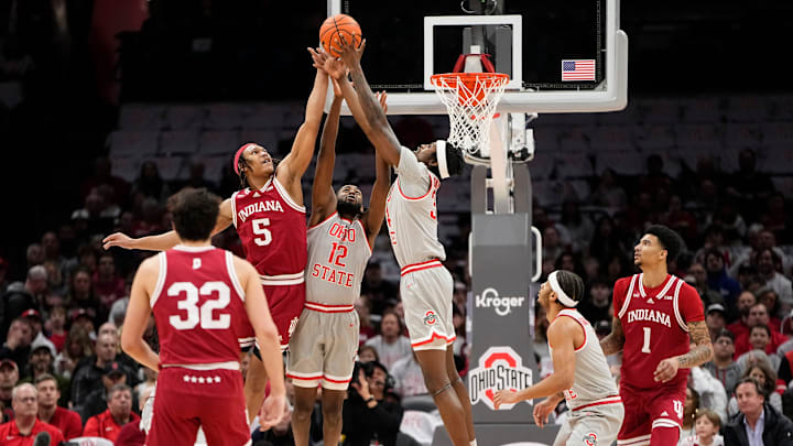 Feb 6, 2024; Columbus, Ohio, USA; Indiana Hoosiers forward Malik Reneau (5) fights for a rebound.