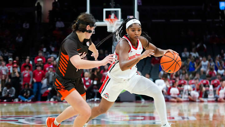 Ohio State Buckeyes guard Chance Gray (21) dribbles the ball against Bowling Green Falcons guard Paige Kohler (10) in the second half at Value City Arena on Sunday, Nov. 24, 2024 in Columbus, Ohio.