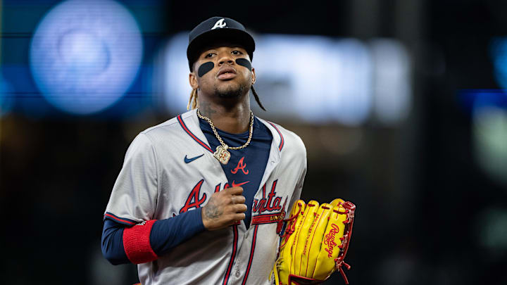 Apr 29, 2024; Seattle, Washington, USA; Atlanta Braves right fielder Ronald Acuna Jr. (13) jogs off the field during a game against the Seattle Mariners at T-Mobile Park. Mandatory Credit: Stephen Brashear-USA TODAY Sports