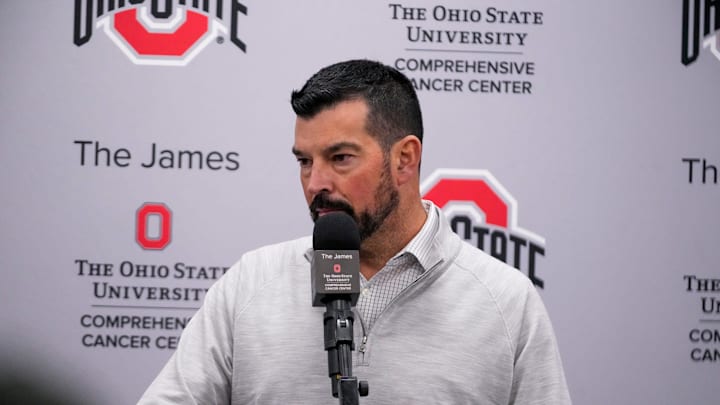 Ohio State Buckeyes head coach Ryan Day speaks to the media at the Woody Hayes Athletic Center on Tuesday, Nov. 26, 2024 in Columbus, Ohio.