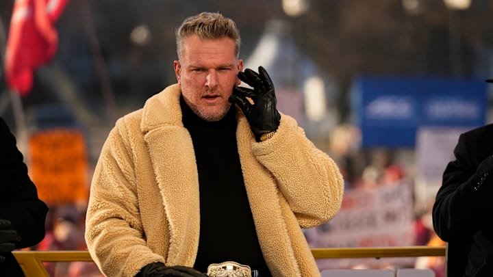 Pat McAfee talks on the set of ESPN College GameDay prior to the College Football Playoff first round game between the Ohio State Buckeyes and Tennessee Volunteers in Columbus on Dec. 21, 2024.