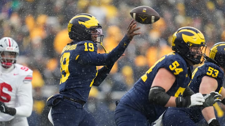 Michigan Wolverines quarterback Bryce Underwood (19) throws during the NCAA football game against the Ohio State Buckeyes at Michigan Stadium in Ann Arbor, Mich. on Nov. 29, 2025. Ohio State won 27-9. Michigan Wolverines quarterback Bryce Underwood (19) throws during the NCAA football game against the Ohio State Buckeyes at Michigan Stadium in Ann Arbor, Mich. on Nov. 29, 2025. Ohio State won 27-9.