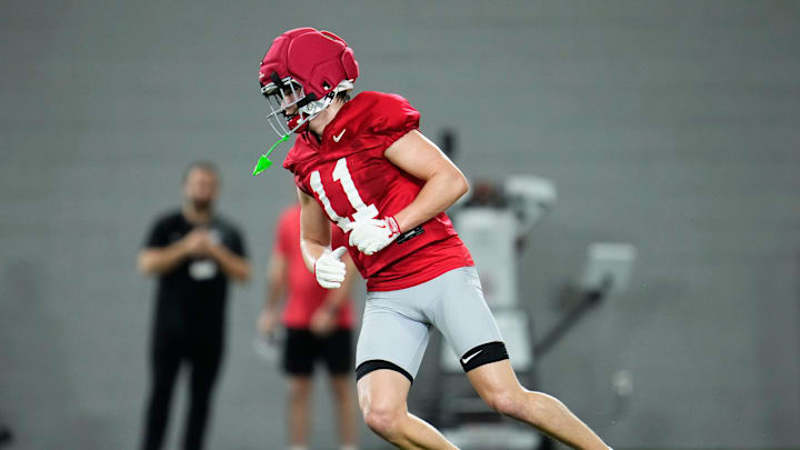 Ohio State Buckeyes wide receiver Brock Boyd (11) runs during the first day of spring workouts for the 2026 football season at Woody Hayes Athletic Complex in Columbus on March 10, 2026.
