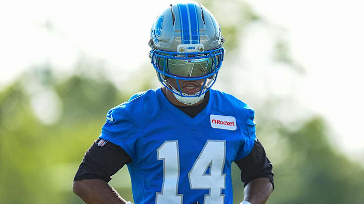 Detroit Lions wide receiver Amon-Ra St. Brown (14) practices during training camp at Meijer Performance Center in Allen Park on Monday, July 21, 2025.
