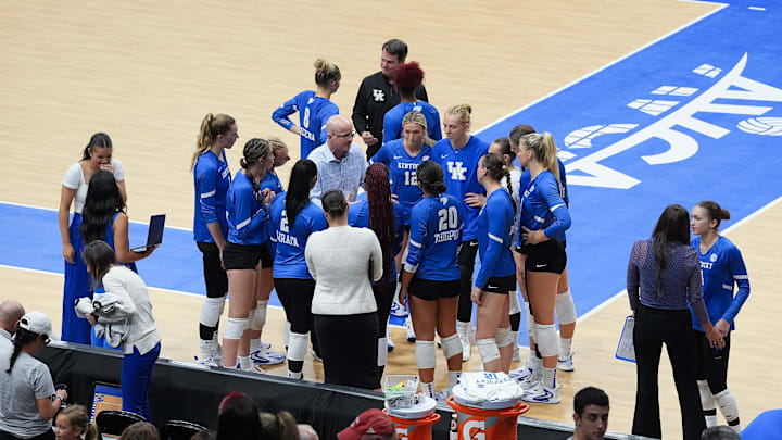 Action during the Kentucky versus Nebraska volleyball match at the AVCA First Serve Showcase at the KFC Yum! Center in Louisville, Ky. on Aug. 27, 2024