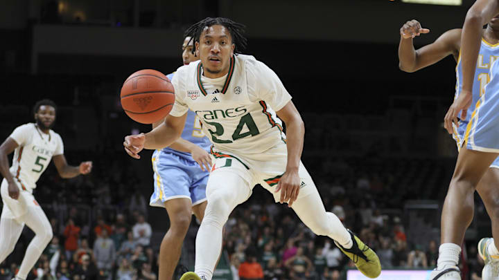 Dec 6, 2023; Coral Gables, Florida, USA; Miami Hurricanes guard Nijel Pack (24) watches as he turns