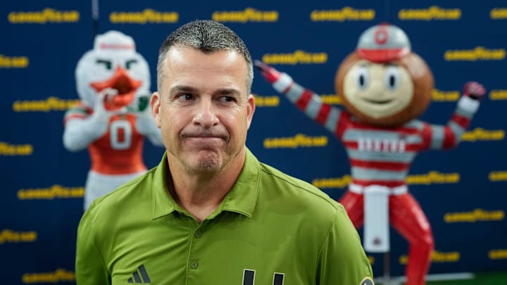 Miami Hurricanes head coach Mario Cristobal speaks during the Cotton Bowl Media Day at AT&T Stadium in Dallas prior to the College Football Playoff matchup against the Ohio State Buckeyes on Dec. 29, 2025.
