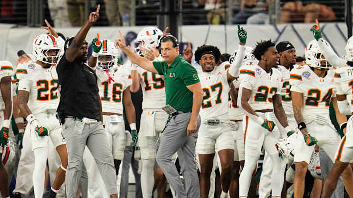 Miami Hurricanes head coach Mario Cristobal reacts during the Cotton Bowl at AT&T Stadium in Arlington, Texas for the College Football Playoff quarterfinal game against the Ohio State Buckeyes on Dec. 31, 2025.