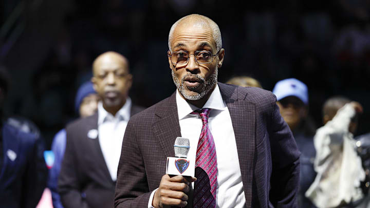 Feb 3, 2026; Chicago, Illinois, USA; Former DePaul Blue Demons player Rod Strickland speaks during his jersey retirement ceremony at Wintrust Arena. Mandatory Credit: Kamil Krzaczynski-Imagn Images
