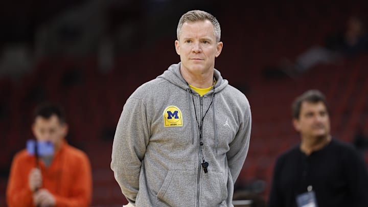 Mar 26, 2026; Chicago, IL, USA; Michigan Wolverines head coach Dusty May looks on during a practice session ahead of the Midwest regional of the men's 2026 NCAA Tournament at United Center. Mandatory Credit: Kamil Krzaczynski-Imagn Images