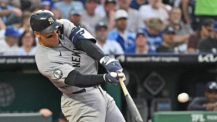 May 26, 2026; Kansas City, Missouri, USA; New York Yankees right fielder Aaron Judge (99) doubles in a run in the fifth inning against the Kansas City Royals at Kauffman Stadium. Mandatory Credit: Peter Aiken-Imagn Images May 26, 2026; Kansas City, Missouri, USA; New York Yankees right fielder Aaron Judge (99) doubles in a run in the fifth inning against the Kansas City Royals at Kauffman Stadium. Mandatory Credit: Peter Aiken-Imagn Images