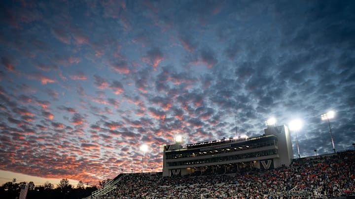 The sun sets over a game between Vanderbilt and Auburn during the fourth quarter at FirstBank