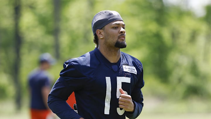 May 23, 2024; Lake Forest, IL, USA; Chicago Bears wide receiver Rome Odunze (15) warms up during organized team activities at Halas Hall Mandatory Credit: Kamil Krzaczynski-USA TODAY Sports