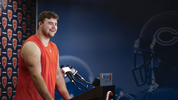 May 9, 2025; Lake Forest, IL, USA; Chicago Bears offensive line Ozzy Trapilo speaks during the Rookie Minicamp at Halas Hall. Mandatory Credit: Kamil Krzaczynski-Imagn Images