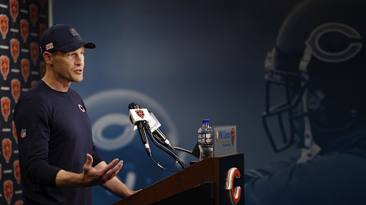 Jun 3, 2025; Lake Forest, IL, USA; Chicago Bears head coach Ben Johnson speaks during minicamp at Halas Hall. Mandatory Credit: Kamil Krzaczynski-Imagn Images