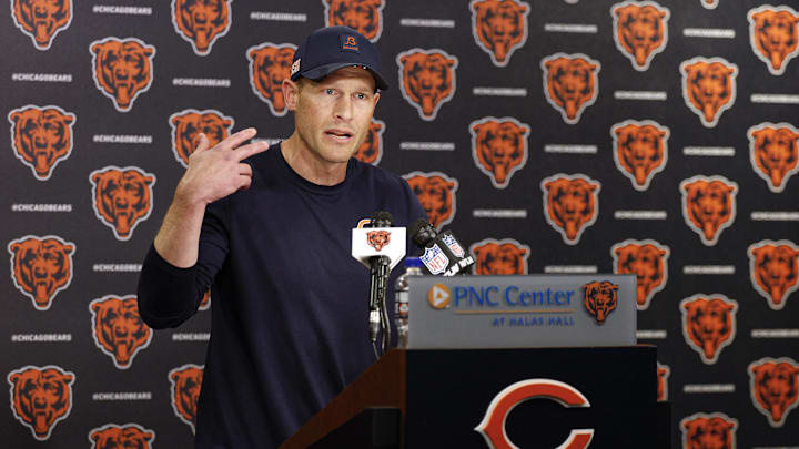 Jun 3, 2025; Lake Forest, IL, USA; Chicago Bears head coach Ben Johnson speaks during minicamp at Halas Hall. Mandatory Credit: Kamil Krzaczynski-Imagn Images