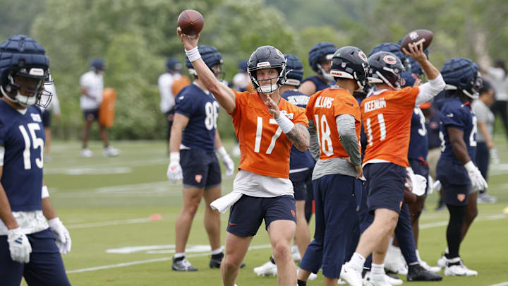Jun 3, 2025; Lake Forest, IL, USA; Chicago Bears quarterback Tyson Bagent (17) passes the ball during minicamp at Halas Hall. Mandatory Credit: Kamil Krzaczynski-Imagn Images