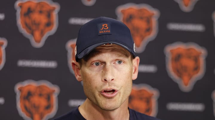 Jun 3, 2025; Lake Forest, IL, USA; Chicago Bears head coach Ben Johnson speaks during minicamp at Halas Hall. Mandatory Credit: Kamil Krzaczynski-Imagn Images