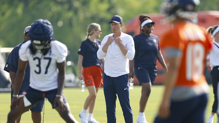 Jul 23, 2025; Lake Forest, IL, USA; Chicago Bears head coach Ben Johnson looks on during training camp at Halas Hall. Mandatory Credit: Kamil Krzaczynski-Imagn Images