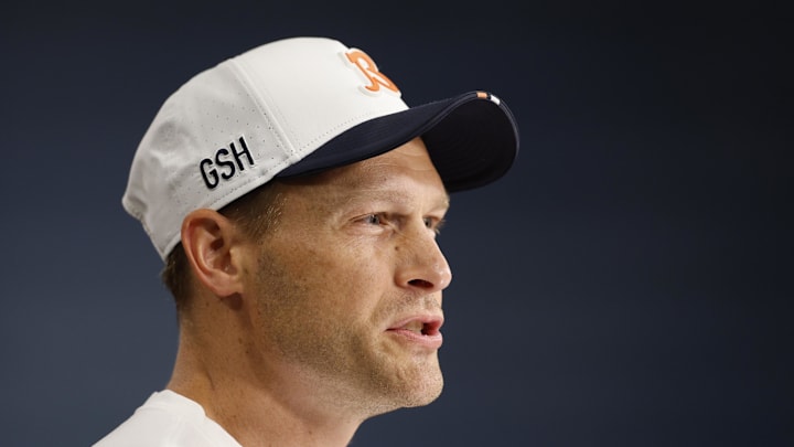 Jul 24, 2025; Lake Forest, IL, USA; Chicago Bears head coach Ben Johnson speaks during training camp at Halas Hall. Mandatory Credit: Kamil Krzaczynski-Imagn Images