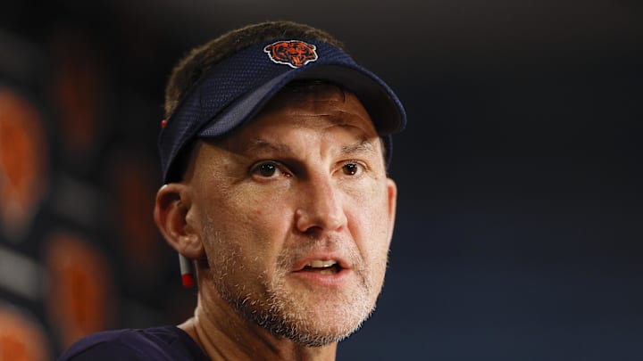 Jul 23, 2025; Lake Forest, IL, USA; Chicago Bears defensive coordinator Dennis Allen speaks during training camp at Halas Hall. Mandatory Credit: Kamil Krzaczynski-Imagn Images