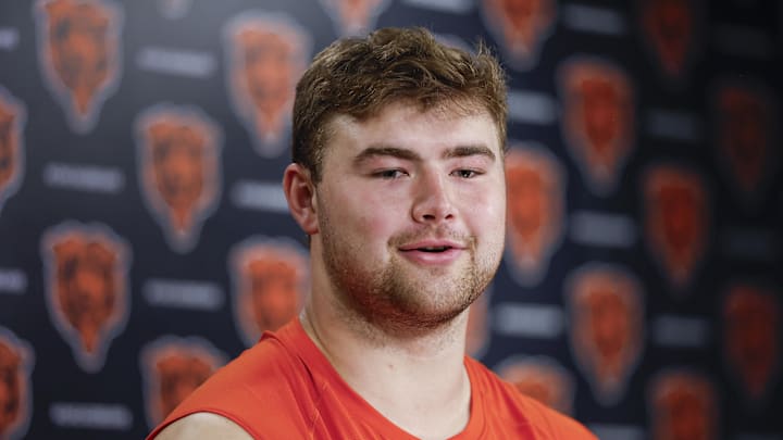 May 9, 2025; Lake Forest, IL, USA; Chicago Bears offensive line Ozzy Trapilo speaks during the Rookie Minicamp at Halas Hall. Mandatory Credit: Kamil Krzaczynski-Imagn Images