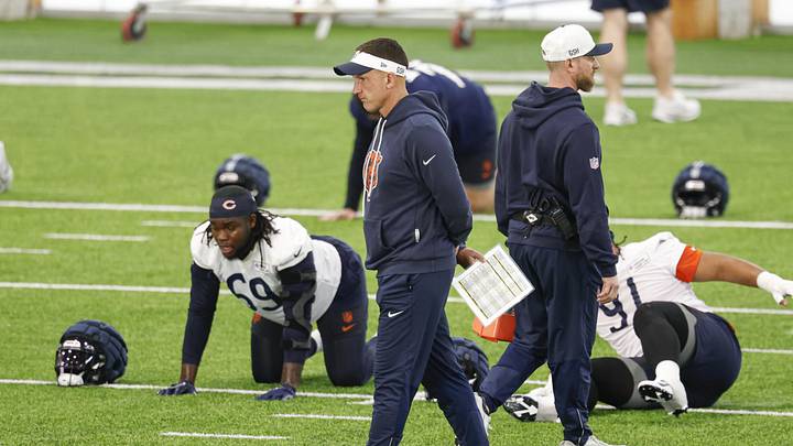 May 8, 2026; Lake Forest, IL, USA; Chicago Bears defensive coordinator Dennis Allen walks on the field during Rookie Minicamp at Halas Hall. Mandatory Credit: Kamil Krzaczynski-Imagn Images