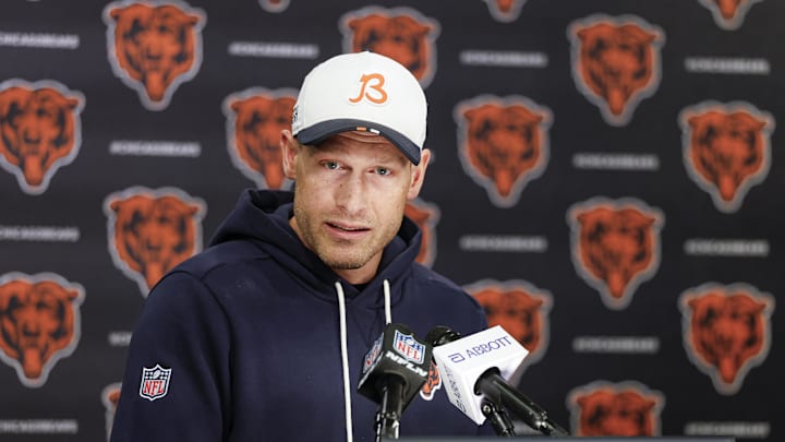 May 8, 2026; Lake Forest, IL, USA; Chicago Bears head coach Ben Johnson addresses the media at Halas Hall before Rookie Minicamp. Mandatory Credit: Kamil Krzaczynski-Imagn Images