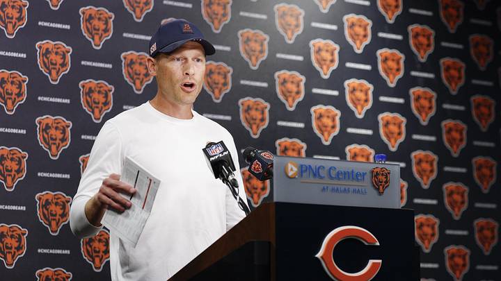 Aug 15, 2025; Lake Forest, IL, USA; Chicago Bears head coach Ben Johnson addresses the media at Halas Hall before joint training camp practice with the Buffalo Bills ahead of Sunday's preseason game. Mandatory Credit: Kamil Krzaczynski-Imagn Images