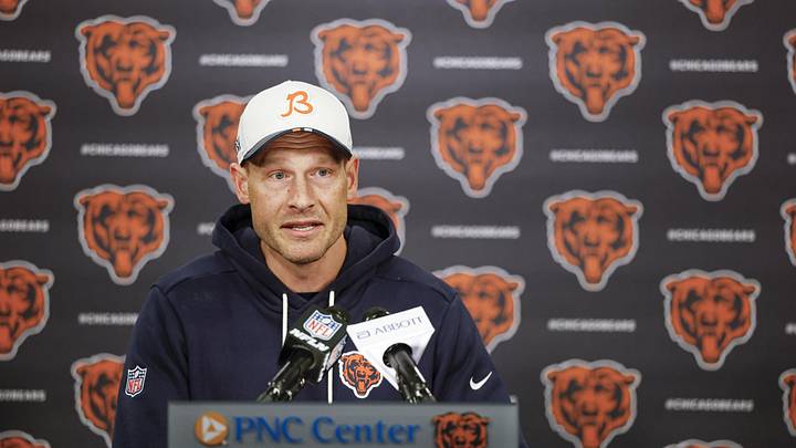 May 8, 2026; Lake Forest, IL, USA; Chicago Bears head coach Ben Johnson addresses the media at Halas Hall before Rookie Minicamp. Mandatory Credit: Kamil Krzaczynski-Imagn Images