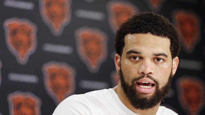 Jun 11, 2026; Lake Forest, IL, USA; Chicago Bears quarterback Caleb Williams (18) speaks during Minicamp at Halas Hall. Mandatory Credit: Kamil Krzaczynski-Imagn Images